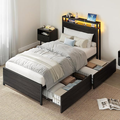 LIKIMIO Twin Bed Frame, DIY Storage Drawer Layout, Headboard with 2-Tier Shelves & Charging Station & LED Light, Suitable for Teen Rooms, Small Apartments & Bedrooms, Black