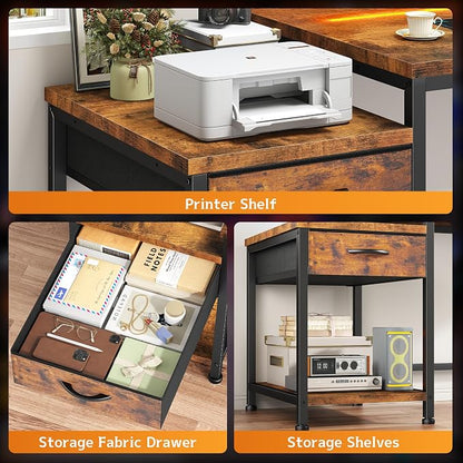 DurayLoly 56" Computer Desk with Printer Shelf & Power Outlets – Reversible Gaming Desk with LED Lights, Drawer & Headphone Hook for Teen Bedroom, Dorm, Home Office, Rustic Brown