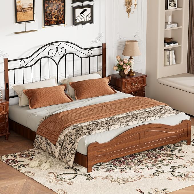 Headboard for King Size Bed Frame with Charging Station USB & Type C Ports | Vintage Platform Bed Headboard Only,Adjustable,Iron Legs,Easy Assembly,Black
