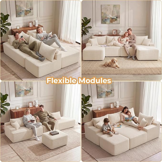 Mangodan 118'' Cloud Sectional Couch, U Shaped Boneless Couches for Living Room, Modular Sectional Sofa with Deep Seat Right Facing Chaise, Comfy Cloud Couch Sofa, Beige