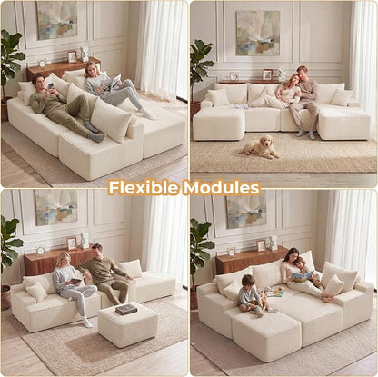 Mangodan 118'' Cloud Sectional Couch, U Shaped Boneless Couches for Living Room, Modular Sectional Sofa with Deep Seat Right Facing Chaise, Comfy Cloud Couch Sofa, Beige