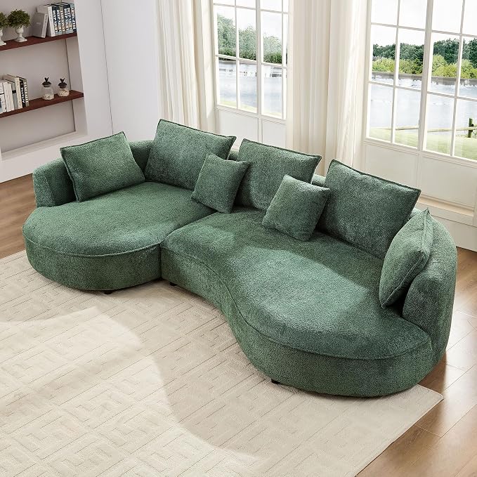 KEIKI 125" Luxury Curved Boucle Sectional Sofa with Left Chaise, Upholstered Modern Style Oversized 5-Seater Couch with Thickened Seat Cushions, Easy Assembly, for Apartment, Living Room, Green