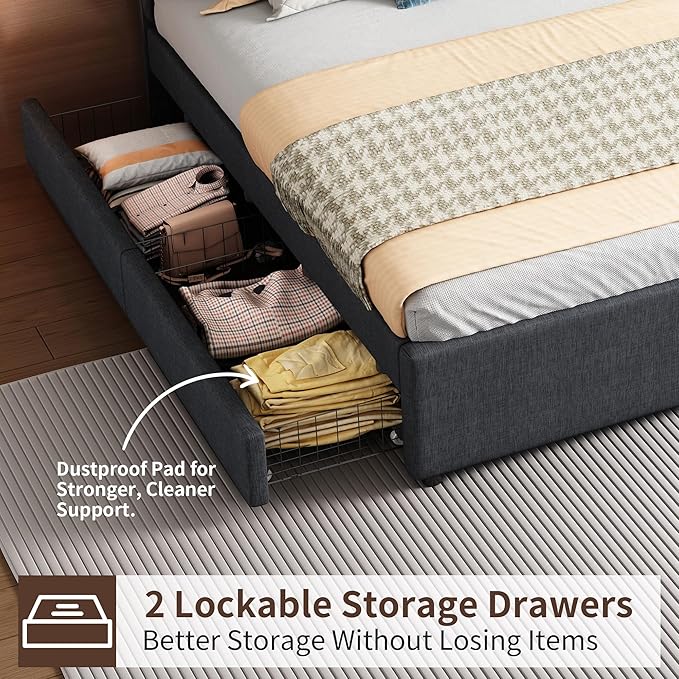 Full Size Upholstered Platform Bed w/Trundle Bed & 2 Storage Drawers | Twin Size Trundle,Two Drawers,LED Lighting Controlled by APP, USB+Type-C Charging Ports,Linen Upholstered Bed Frame,Dark Grey