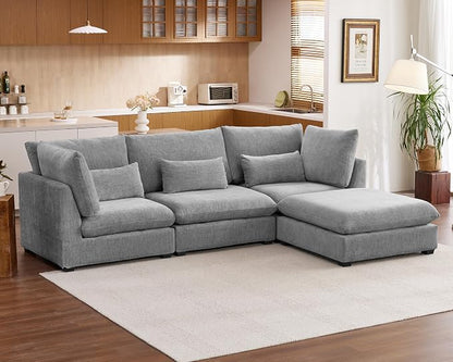 115" Oversized Chenille Couch Modular Sectional Sofa, Washable Cloud Couch Sectional with Ottoman, 4 Seater Sectional Couches for Living Room, Fully Cover Removable, L Shaped, Chenille, Grey