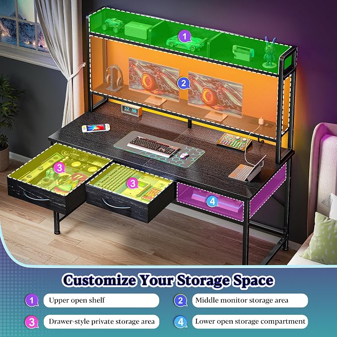 DurayLoly Computer Desk with Shelves and Drawers for Bedroom,Black | Neck&Waist Strain Relief Monitor Stand, Vision-protect RGB LED Suited for Students&Office Sitters