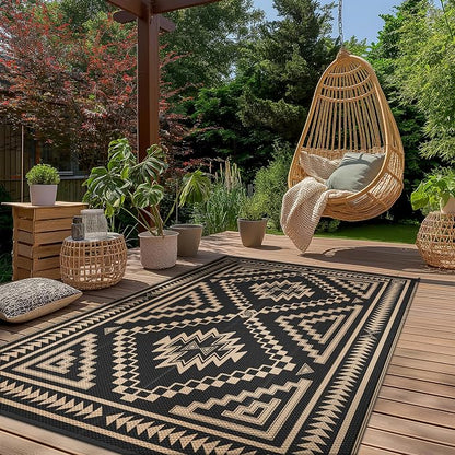 GENIMO Outdoor Rug for Patio Clearance - 8x10 ft Waterproof Plastic Camping Rugs, Reversible Outside Rv Mat Carpet for Porch, Deck, Picnic, Balcony, Beach, Backyard, Black Brown