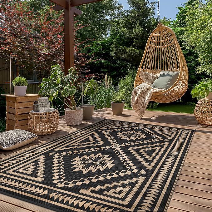 GENIMO Outdoor Rug for Patio Clearance - 6x9 ft Waterproof Plastic Camping Rugs, Reversible Outside Rv Mat Carpet for Porch, Deck, Picnic, Balcony, Beach, Backyard, Black Brown