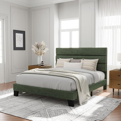 Allewie Full Size Platform Bed Frame with Fabric Upholstered Headboard and Wooden Slats Support, Fully Upholstered Mattress Foundation/No Box Spring Needed/Easy Assembly, Green