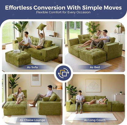 MAXYOYO 96" L Shaped Modular Sectional Sofa with Ottoman, Cloud Boneless Couch with Layered Cushion, Upholstered Sofa in a Box, Flexible Module Combination for Living Room, No Assembly, Green