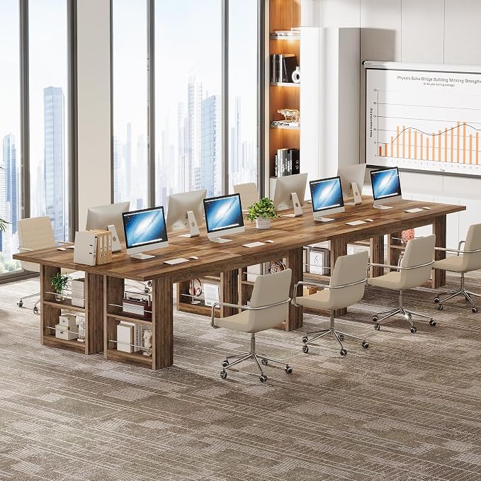 Tribesigns 2-Person Desk, 79-Inch Extra Long Office Desk with Storage Shelves, Work Table, Conference Table for Home Office, Natural Brown