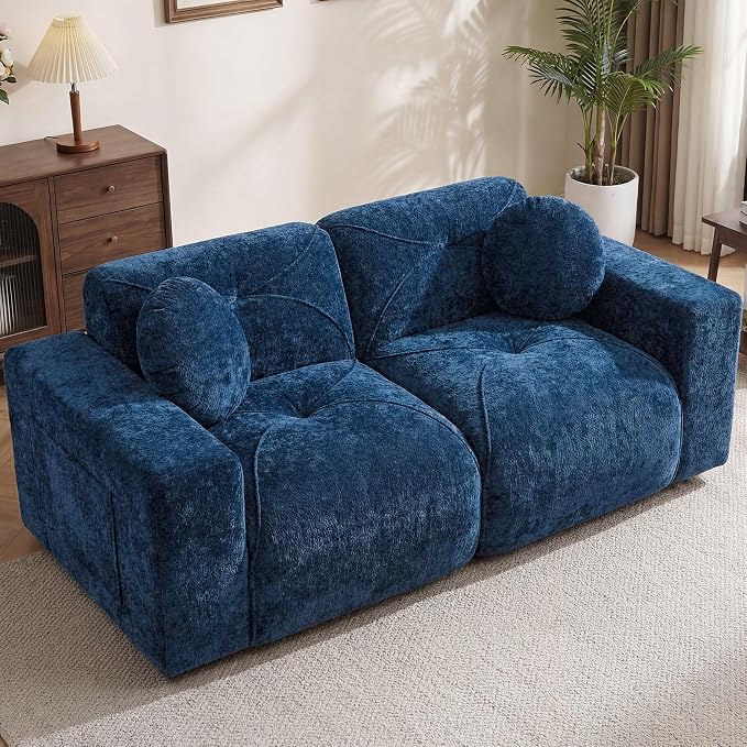 82" Modular Sectional Cloud Couch, Loveseat Sofa Boneless Couches, 2 Deep Seat Modern Comfy Velvet Sofa for Living Room, Bedroom, Apartment (Blue)