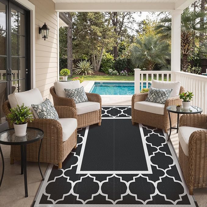 GENIMO 5' x 8' Outdoor Rug Waterproof for Patio Decor, Foldable Reversible Plastic Straw Area Rugs Mat for Camper, Outside Carpet for Rv, Deck, Porch, Picnic, Beach, Balcony, Black & White