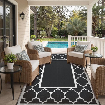 GENIMO 6' x 9' Outdoor Rug Waterproof for Patio Decor, Foldable Reversible Plastic Straw Area Rugs Mat for Camper, Morden Carpet for Outside, Rv, Deck, Porch, Picnic, Beach, Balcony, Black & White
