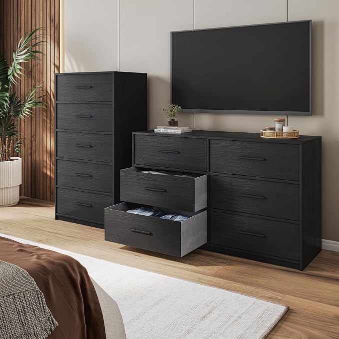 Modern 6-Drawer Dresser with Spacious Storage, Sturdy Wood Frame, Large Capacity Fabric Drawers, Dressers for Bedroom, Home Organization Storage for Living Room or Hallway, Black | 6-drawer dresser, fabric storage drawers, sturdy wood frame, bedroom or...