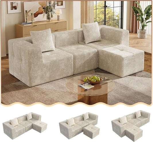WLIVE 108'' Cloud Sectional Couches for Living Room, Modular Boneless Couch with Facing Chaise, L Shape Memory Foam Corduroy, with Ottoman, Greyish Beige