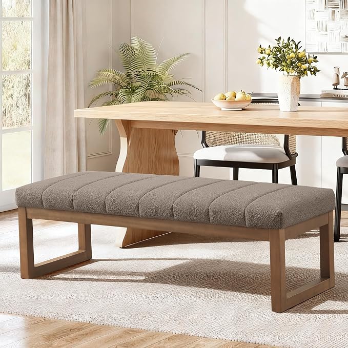 Zihanhome 52.7" Bedroom Bench for End of Bed, Modern Upholstered Teddy Fabric Entryway Bench & Dining Bench, Footrest Stool Bench with Solid Wood Frame for Bedroom, Living Room (Dark Brown)