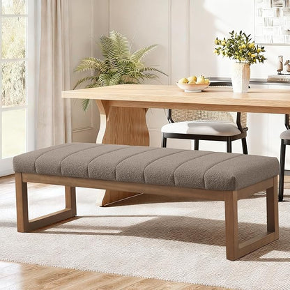 Zihanhome 52.7" Bedroom Bench for End of Bed, Modern Upholstered Teddy Fabric Entryway Bench & Dining Bench, Footrest Stool Bench with Solid Wood Frame for Bedroom, Living Room (Dark Brown)