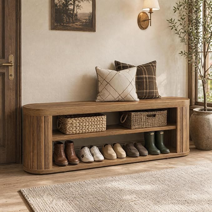 Tribesigns 47.2 in. 3-Tier Entryway Bench with Shoe Storage,Farmhouse Wooden Foyer Bench with Adjustable Foot Pads,End of Bed Bench for Hallway,Bedroom,Entryway (Yellow)