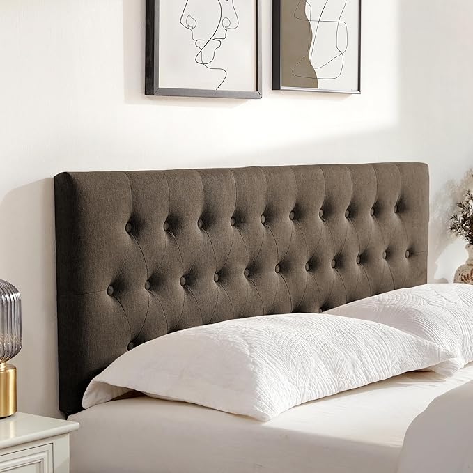 Tufted Upholstered Headboard Queen Size, Adjustable Height 37- 51 in, Brown | Sturdy and Durable Solid Wood Bed Headboard, Fabric Queen Headboard Only, Modern Button Diamond Design Head Board