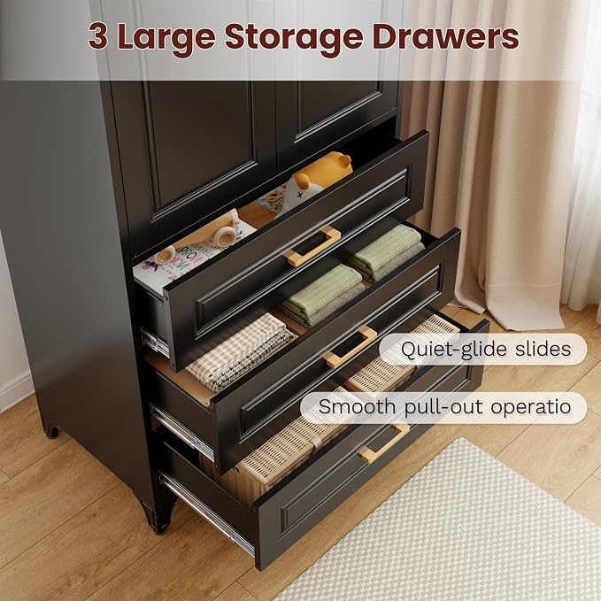 Metal Armoire Wardrobe Closet with Hanging Rod, 71" Tall Wardrobe Cabinet with Doors and 3 Drawers, Clothing Storage Cabinets for Bedroom, Home Office