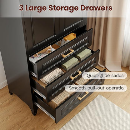 Metal Armoire Wardrobe Closet with Hanging Rod, 71" Tall Wardrobe Cabinet with Doors and 3 Drawers, Clothing Storage Cabinets for Bedroom, Home Office