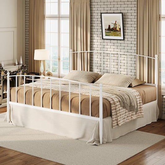SHA CERLIN King Size Metal Platform Bed Frame with Victorian Style Iron-Art Headboard and Footboard, Easy Assembly, No Box Spring Needed, White