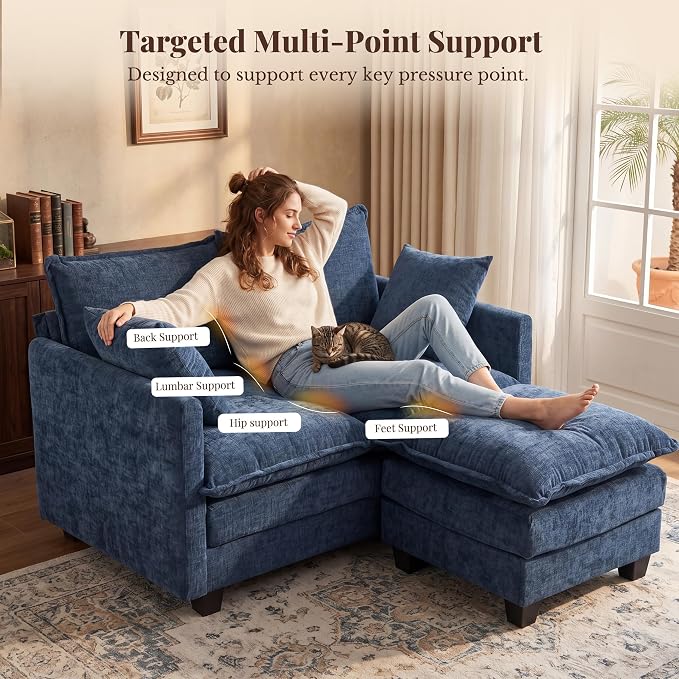 Loveseat Sofa with Ottoman, Cloud 3-Layer Cushion, 27" Deep Seat Love Seat Small Couch with 2 Pillows for Small Spaces, Bedroom, Apartment, Office, Living Room, in a Box, 50-Inch Blue