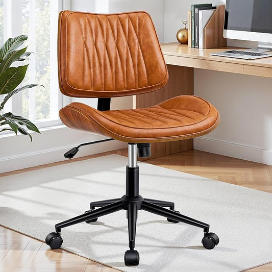Ergonomic Armless Office Desk Chair - Mid-Century Retro Orange Faux Leather with Diamond Stitch, Adjustable Height Swivel Rolling Task Computer Chair with Walnut Accent for Home Office, Study & Work