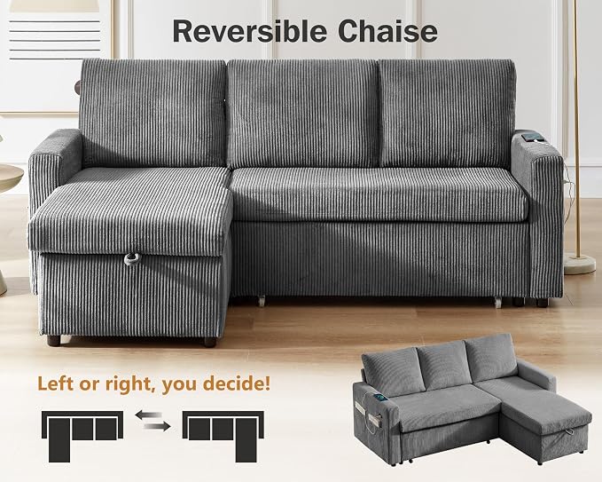 Vipbear 80" Sectional Sleeper Sofa Bed with Pull Out Bed, L Shaped Couch Pull Out Couch with Reclining Backrest, Reversible Storage Chaise, USB Ports, Tool-Free Assembly, Corduroy Dark Grey