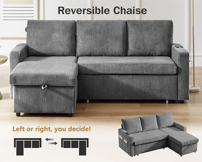 Vipbear 80" Sectional Sleeper Sofa Bed with Pull Out Bed, L Shaped Couch Pull Out Couch with Reclining Backrest, Reversible Storage Chaise, USB Ports, Tool-Free Assembly, Corduroy Dark Grey