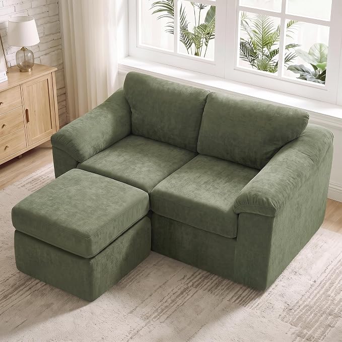 L Shaped Boneless Couch, Modern Loveseat Sofa with Ottoman, Floor Cloud Couch Sets with Extra Comfy Soft Deep Seats for Living Room, Apartment, No Assemby, Green