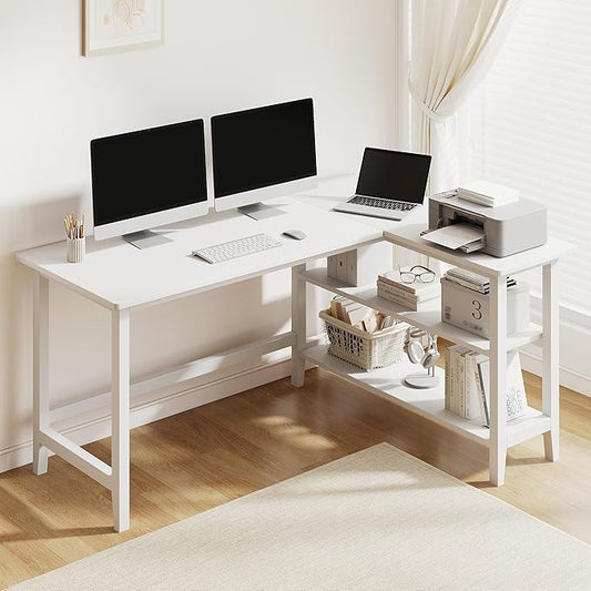 IOTXY Reversible L-Shaped Office Desk - 53" Modern Corner Computer Table with Storage Shelves, Solid Wood Legs, Home Writing & Study Workstation, White
