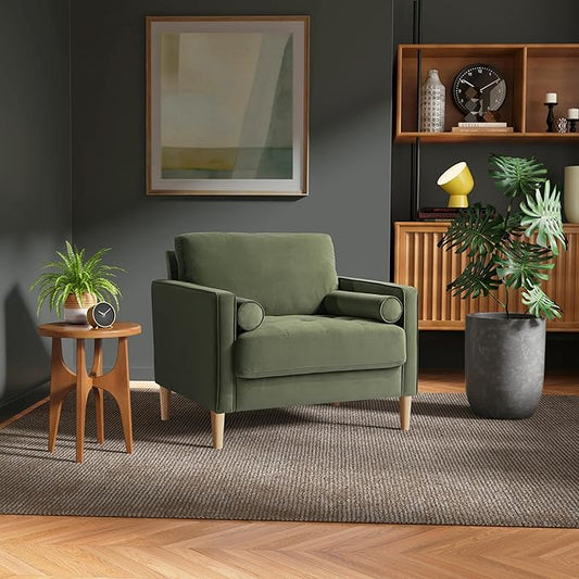 Studio Living® Lexington 39.4" Arm Chair, Mid-Century Modern, Pocket Coil Comfort, Easy Assembly, Velvet Fabric, Olive Green