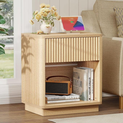 Baoz Oak Fluted Nightstand with Charging Station & 1 Drawers for Bedroom | 19" Wide Mid Century Modern Bedside Table Natural Wood Curved Profile Design Night Stand Metal Handle