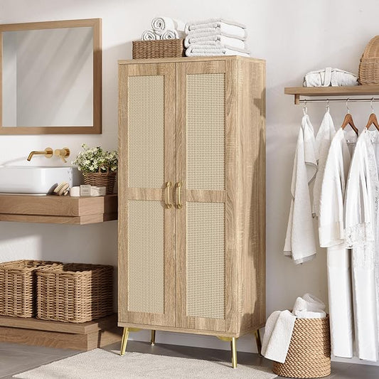 JASIWAY Tall Bathroom Storage Cabinet 57" Rattan Pantry Cabinet, Wood | With Doors and Adjustable Shelves, Freestanding Linen Closet & Wardrobe for Bathroom Laundry Bedroom, Anti-Tipping Device