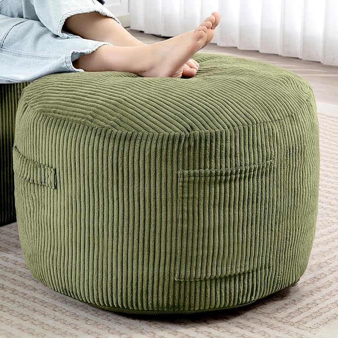 Round Stuffed Pouf Ottoman,Corduroy Foot Rest with Rebound Foam Filled, Furry and Fluffy Foot Stool Ottoman, Floor Poufs for Living Room (Green, 26" D x 26" W x 18" H)