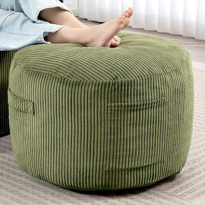 Round Stuffed Pouf Ottoman,Corduroy Foot Rest with Rebound Foam Filled, Furry and Fluffy Foot Stool Ottoman, Floor Poufs for Living Room (Green, 26" D x 26" W x 18" H)