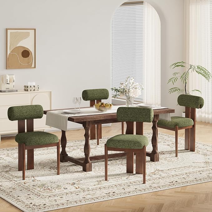 MALOL Modern Wooden Dining Chairs Set of 2, Upholstered Fabric Kitchen Chairs with Sculptural Backrest, Mid-Century Farmhouse Dining Room Chairs with Solid Wood Legs, Green