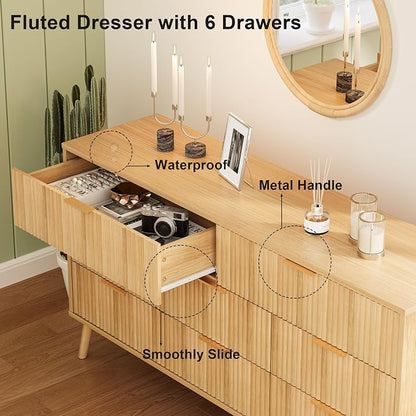 Fluted Dresser for Bedroom with 8 Drawers, Wooden Dresser with Metal Handle, Modern Storage Organizer for Bedroom, Wood Closet for Hallway, Living Room, Natural Oak BDR104Y