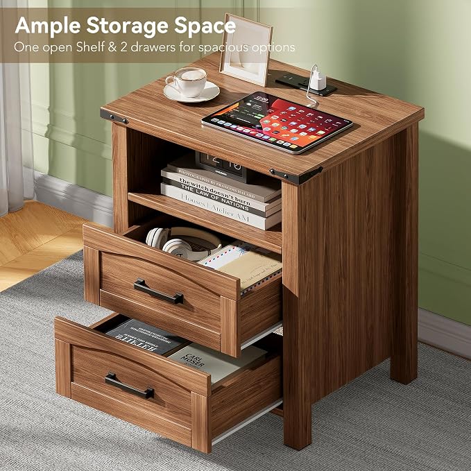 Decofy Farmhouse Nightstand Set of 2 with Charging Station, 18'' Wide Rustic End Table with USB/Type-C Ports, 2 Drawers & Open Shelf, Wood Bedside Table for Bedroom, Walnut