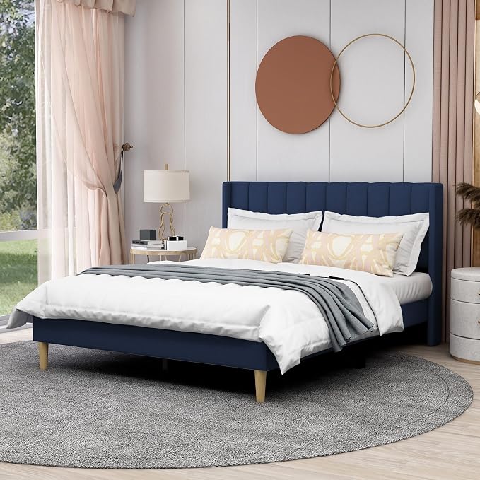 AGARTT Upholstered Platform Bed Frame Queen Size with Headboard and Footboard/Wooden Slats Support/No Box Spring Needed/Easy Assembly,Blue Velvet