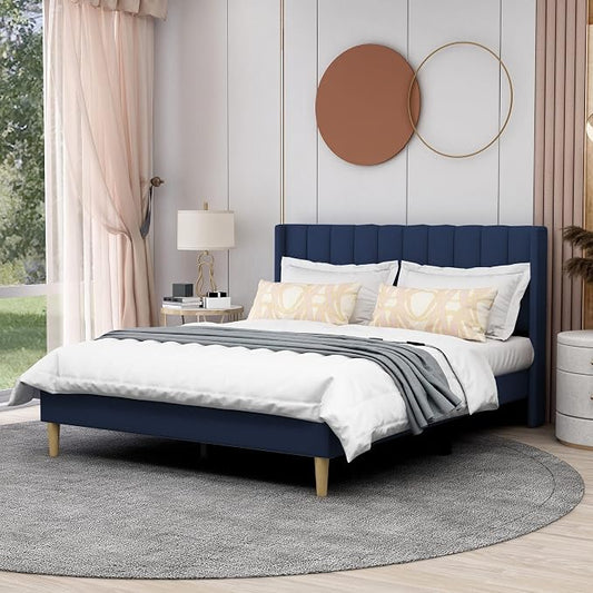AGARTT Upholstered Platform Bed Frame Queen Size with Headboard and Footboard/Wooden Slats Support/No Box Spring Needed/Easy Assembly,Blue Velvet