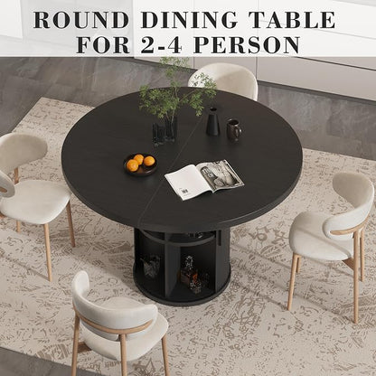 35.5'' Round Pedestal Dining Table, 2-4 Modern Fluted Dining Room Kitchen Table with Storage Shelf, Wood Base Dinner Tables for Kitchen, Breakfast Nook, Small Space, Living Room(Black)