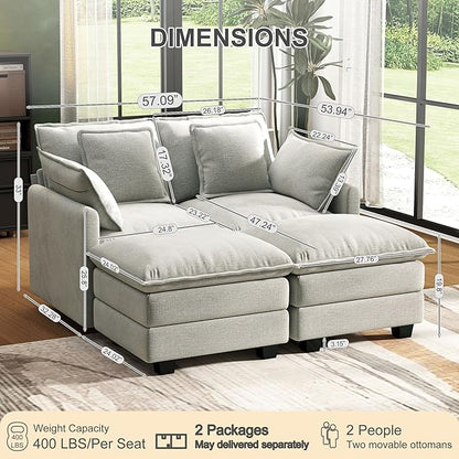 58" Cloud Couch Loveseat, Deep Seat Modular Sectional Sofa with 4 Removable Washable Pillows and 2 Ottoman for Living Room, Bedroom, Apartment, Light Grey