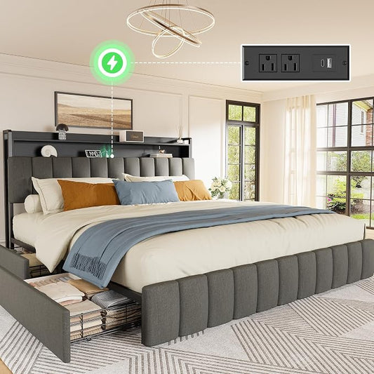 PRAISUN Bed Frame King Size with Upholstered Headboard & Charging Station, King Bed Frame with 4 Storage Drawers, 2-Tier Open Shelves, No Box Spring Needed, Slient Foam Strip, Easy Assembly, Grey