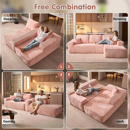 ovios 104" Cloud Boneless Couch with L-Shape Chaise,Modern Sectional Modular Sofa with Deep Seat, Upholstered Couches for Living Room Bedroom,No Assembly Required, Pink (Plush Corduroy Fabric)