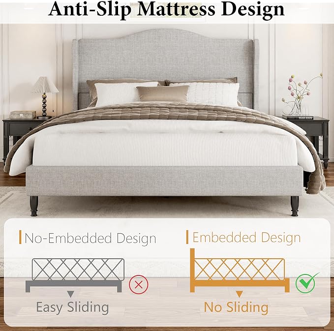 Queen Bed Frame with 50.4" Tall Wingback Headboard, Upholstered Platform Bed with Wood Slats, 1000 lbs Capacity, No Box Spring Needed, Easy Assembly, Beige