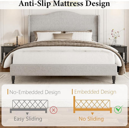 Queen Bed Frame with 50.4" Tall Wingback Headboard, Upholstered Platform Bed with Wood Slats, 1000 lbs Capacity, No Box Spring Needed, Easy Assembly, Beige