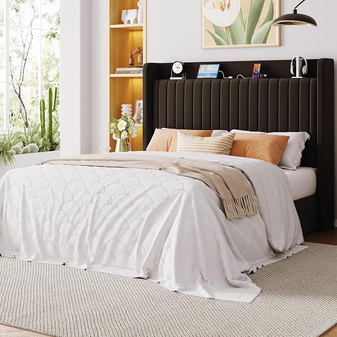 Allewie Queen Size Lift Up Storage Bed Frame,Storage Shelf Headboard with Charging Station,Type-C and USB Ports,Hydraulic Support,Velvet Upholstered Bed Frame,No Box Spring Needed,Black
