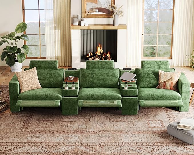 152.4" Power Recliner Sofa Wall Hugger, Modular Cloud Sectional Reclining Couch with Headrest, Storage Drawer Cup Holder, 3-Seater with 2 Consoles for Home Theater Living Room, Chenille, Green